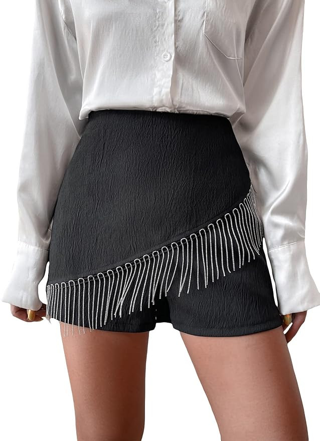 WDIRARA Women's Fringe Trim High Waisted Casual Shorts Zip Fly Skort Skirt Shorts | Amazon (US)
