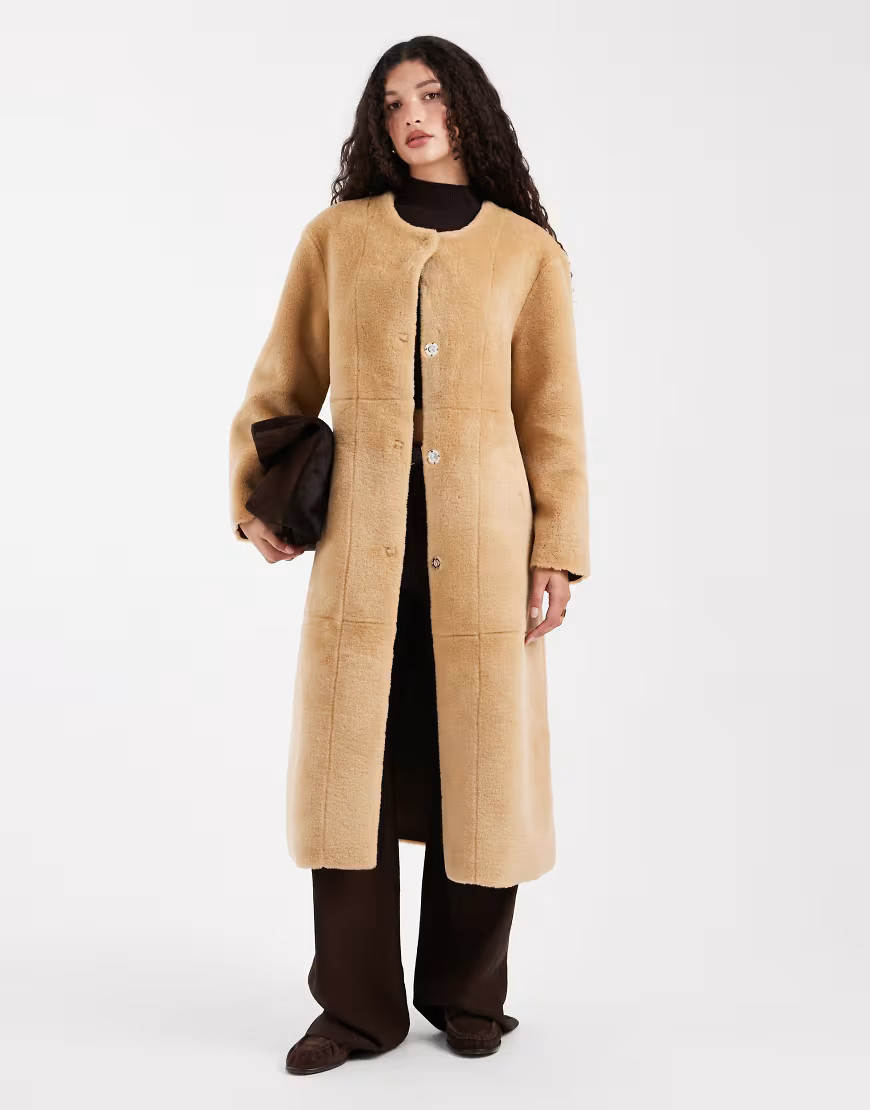 ASOS DESIGN collarless bonded fur coat in biscuit-Brown | ASOS (Global)