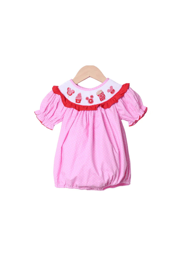 Smocked Sweet Treats Mouse Pink Polka Dot Bishop Bubble | The Smocked Flamingo