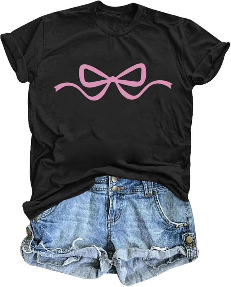 Womens Bow Coquette Shirt Clean Girl Aesthetic Graphic Tees Cute Pink Bow Shirts for Teens Trendy... | Amazon (US)