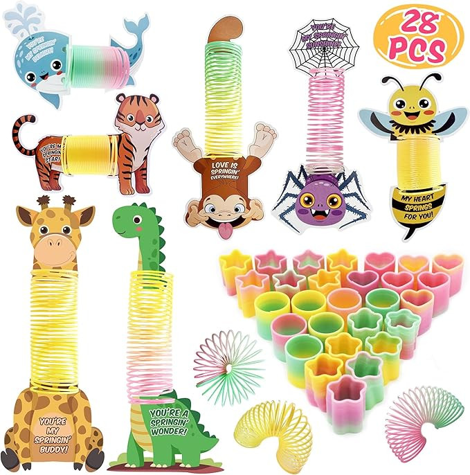 Valentines Day Cards for Kids School 28 Packs Coil Rainbow Springs Toy with Animal Cards, Stress ... | Amazon (US)