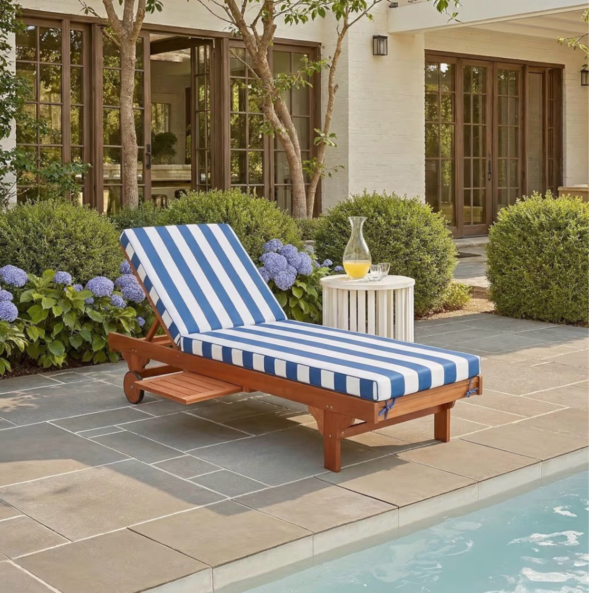 SAFAVIEH Outdoor Collection Newport Natural/ Blue & White Stripe Cushion Built-in Side Table Adjustable Chaise Lounge Chair

#LTKHome #LTKSeasonal