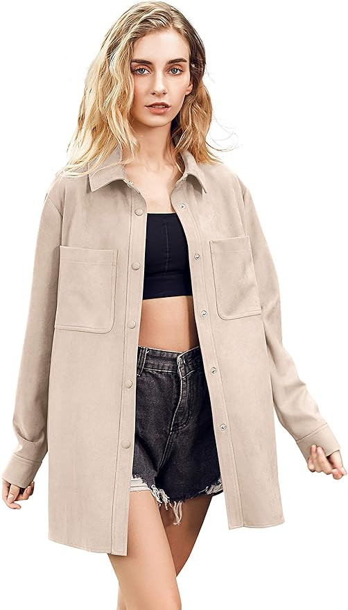 Women Faux Suede Jacket Button Up Shirt Coat Long Sleeve Oversize Jacket | Amazon (US)