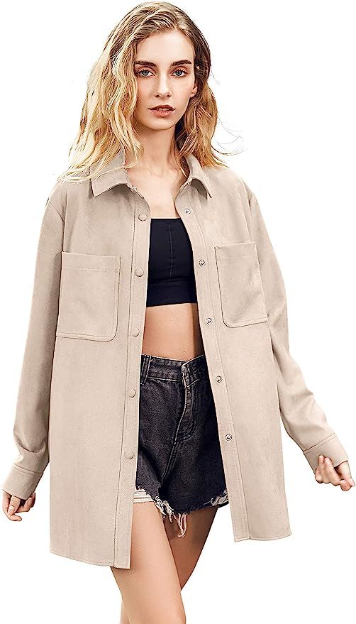 Women Faux Suede Jacket Button Up Shirt Coat Long Sleeve Oversize Jacket | Amazon (US)