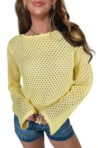 Womens Summer Sweater White Scalloped Trim Hollow Out Knit Long Sleeve Top Lightweight Knit Tops | Amazon (US)