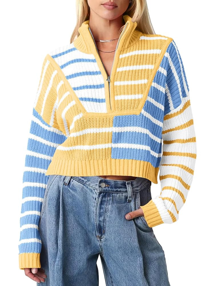 Saodimallsu Womens Striped Cropped Sweater Color Block Zip Up Long Sleeve Mock Neck Loose Pullove... | Amazon (US)
