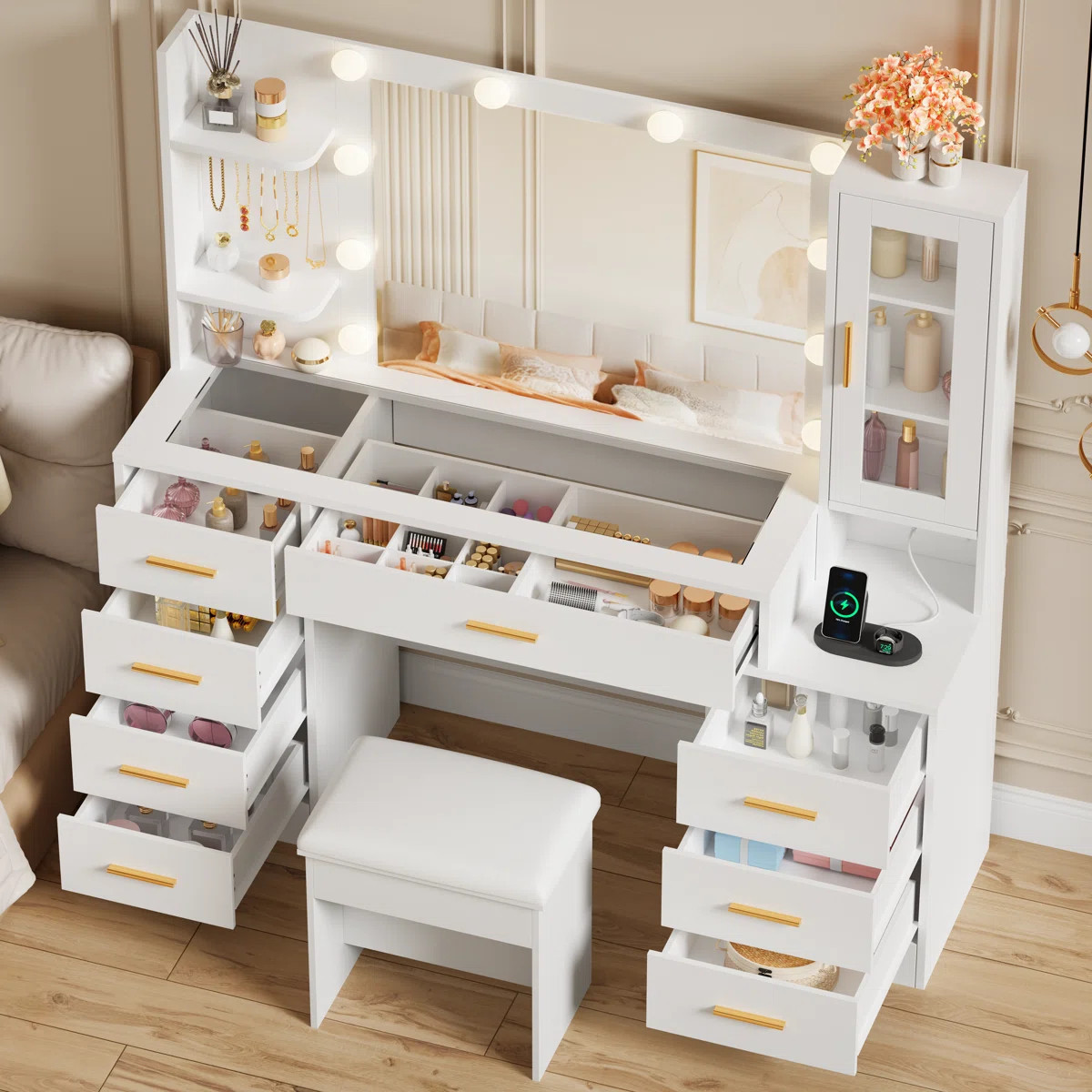 49.2" Makeup Vanity With 8 Drawers & Power Outlet And Glass Top | Wayfair North America