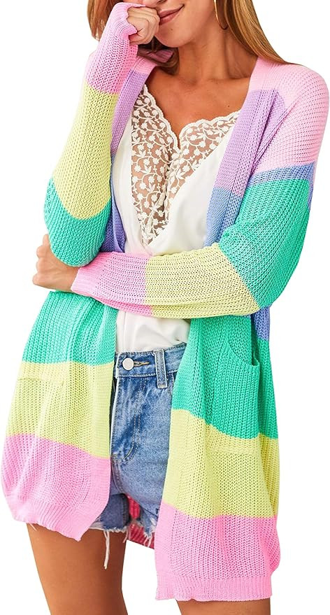 ECOWISH Womens Cardigan Color Block Striped Draped Kimono Cardigans Long Sleeve Open Front Casual... | Amazon (US)
