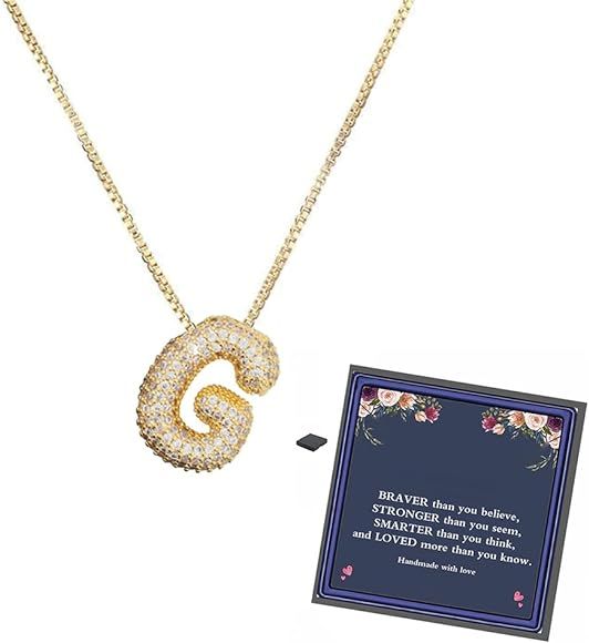 DIOWUS Bubble Letter Necklace Gold for Women，Charm Balloon Initial Letter Pendant Zirconia Inla... | Amazon (US)