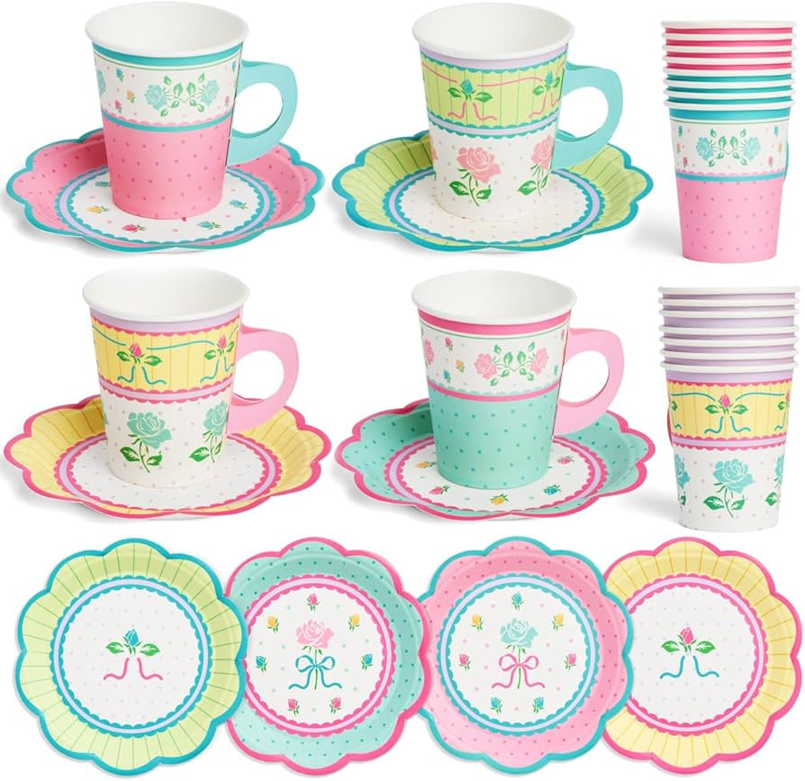 xo, Fetti Tea Party 9oz Cups and Saucers Set - 32 Piece Drinkware Set | Garden Party, Fancy Birth... | Amazon (US)
