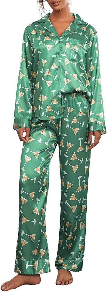 Luckinbaby Women Striped Pajamas Set Long Sleeve Satin Shirt Top Elastic Wide Loose Pants 2 Piece... | Amazon (US)