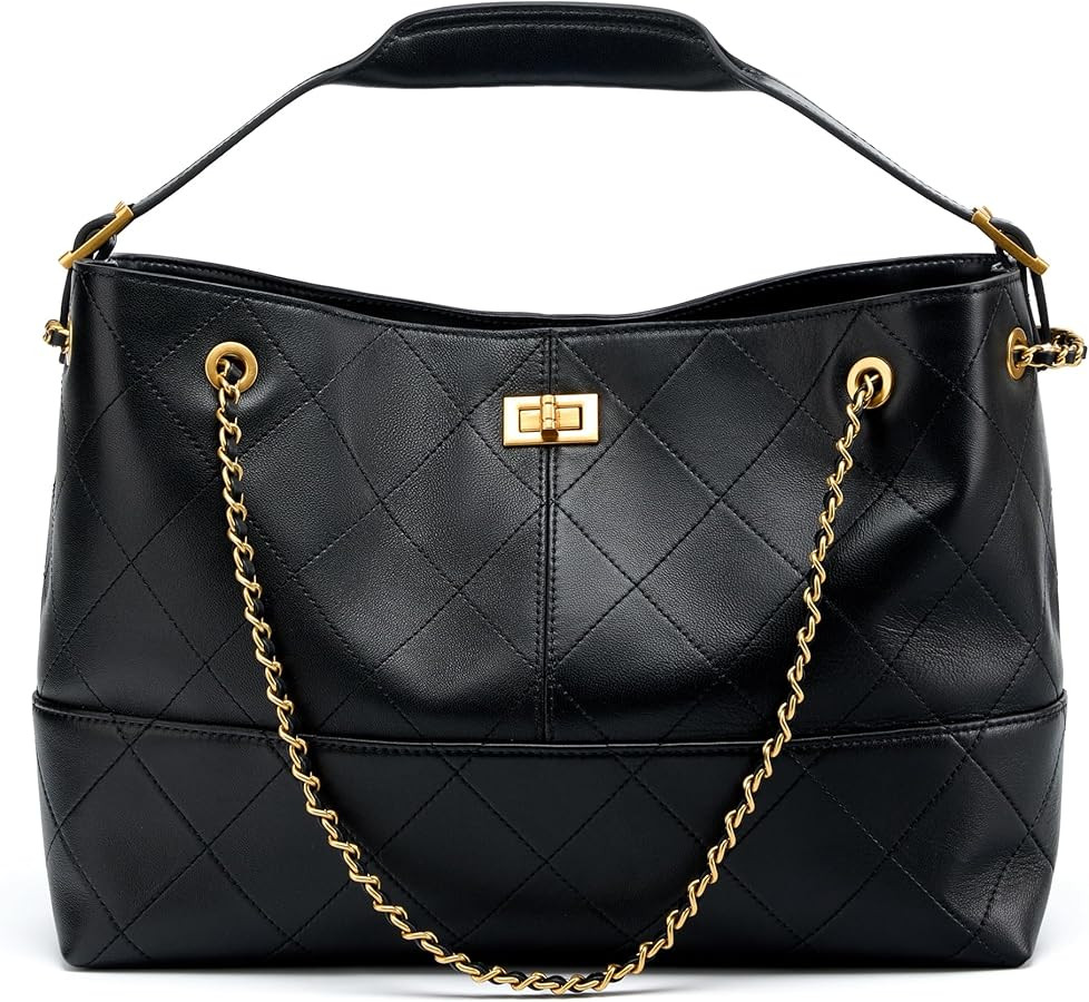 Soft Genuine Leather Lambskin Suede Quilted Bag,Carryall Top Handle Gold Chain Shoulder Shopping ... | Amazon (US)