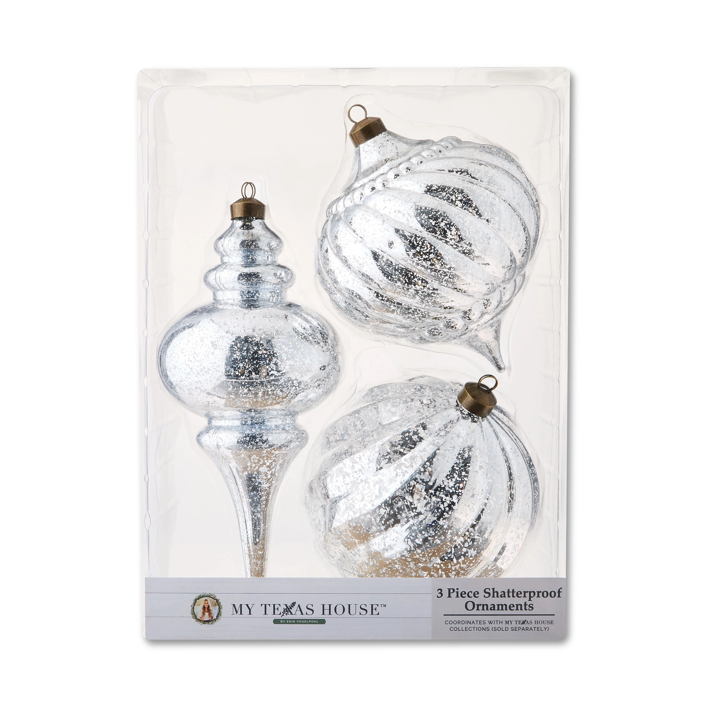 3 Count Silver Mercury Glass-Style Finial Shatterproof Christmas Ornaments, by My Texas House | Walmart (US)