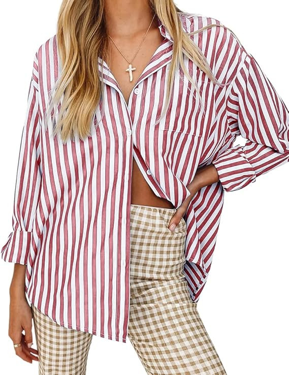 Women's Blouses Striped Long Sleeve Shirts Button Down Loose Fit Casual Tops | Amazon (US)