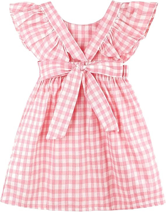 AGQT Baby Girls Plaid Dress Flutter Sleeve Gingham Spring Summer Dresses Size 6M-8T | Amazon (US)