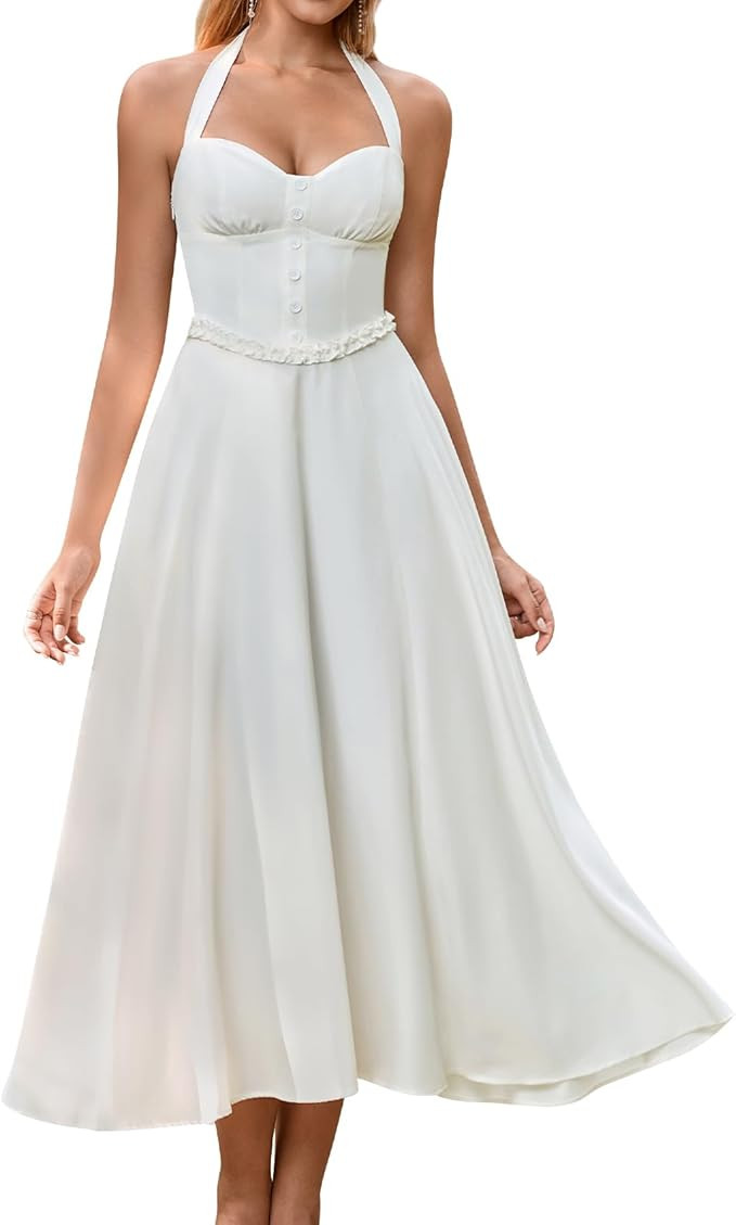 XinFSh Women's Summer Floral Halter Corset Wedding Guest Midi Dress Flowy A Line Tea Party Dresse... | Amazon (US)