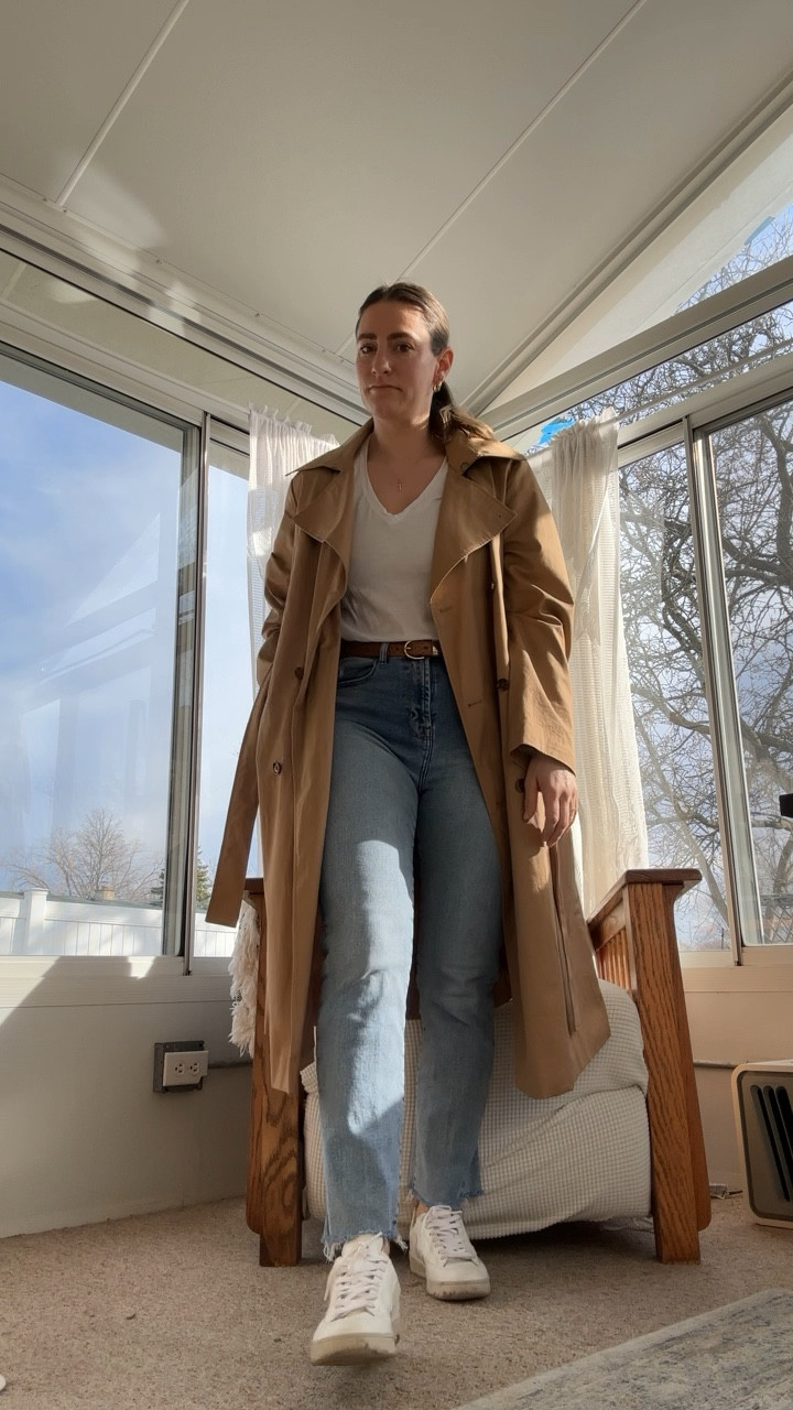 It’s Friday: drop off and dance day! I stay casual and cute with a pair of stretchy straight leg jeans from Kensie. A white tee from Madewell tucked in with a bring-them-back belt, white Vejas, and my BR forever trench. Elegant gold jewelry elevate the outfit. Let’s dance! 

#LTKstyletip #LTKSeasonal