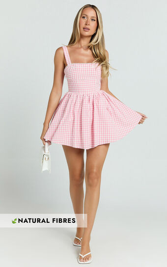 Caitlin Mini Dress - Gingham Square Neck Fit And Flare Dress in Pink | Showpo (US, UK & Europe)