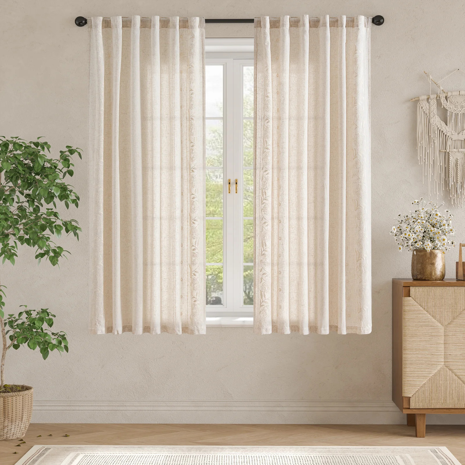 Linen Blended Semi Sheer Embroidered Floral Curtains (Set of 2) | Wayfair North America