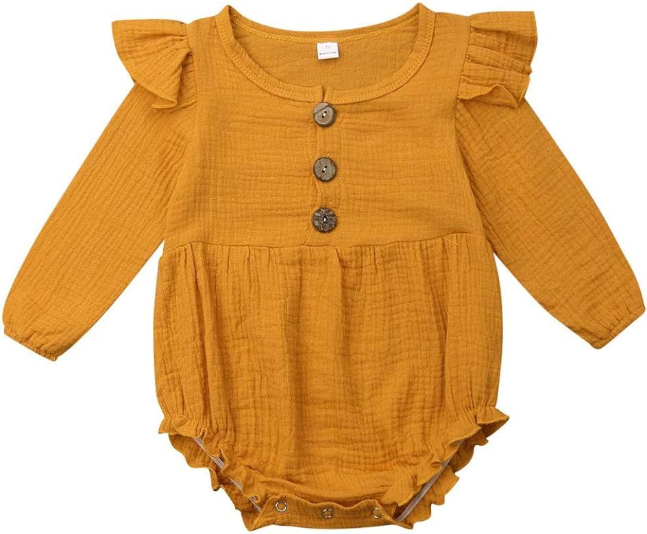 Baby Girls Romper Bodysuit Jumpsuit Solid Color Long Sleeve Ruffled Newborn Autumn Outfit | Amazon (US)