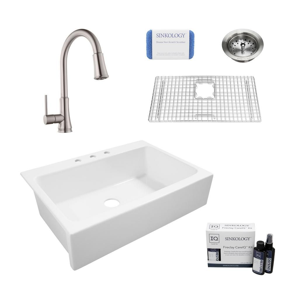 Josephine All-in-One Quick-Fit Farmhouse Fireclay 33.85 in. 3-Hole Single Bowl Kitchen Sink with ... | The Home Depot