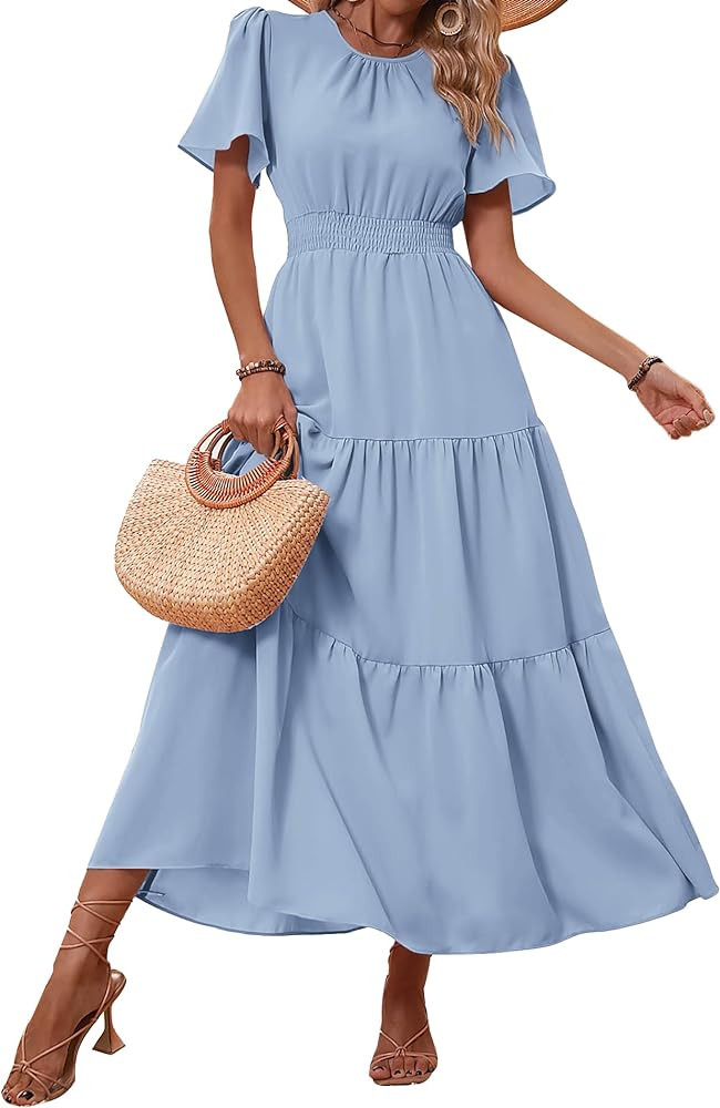 PRETTYGARDEN Women's Summer Casual Short Flutter Sleeve Round Neck Smocked Waist Tiered Boho Flor... | Amazon (US)