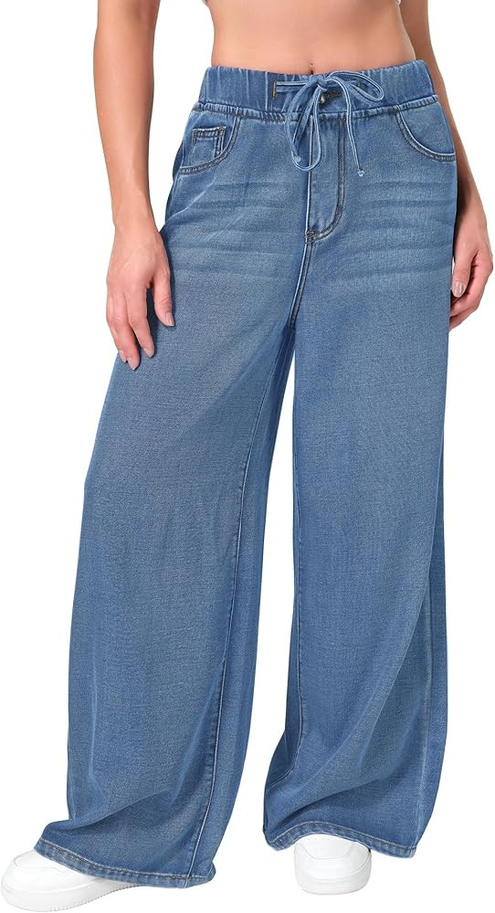 roswear Pantalones de mezclilla de mujer de pierna ancha con cintura elástica y cordón de lino ... | Amazon (US)