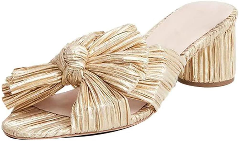 Vimisaoi Chunky Block Heeled Sandals for Women Comfortable Slip On Open Toe Pleated Bow Heel Sand... | Amazon (US)