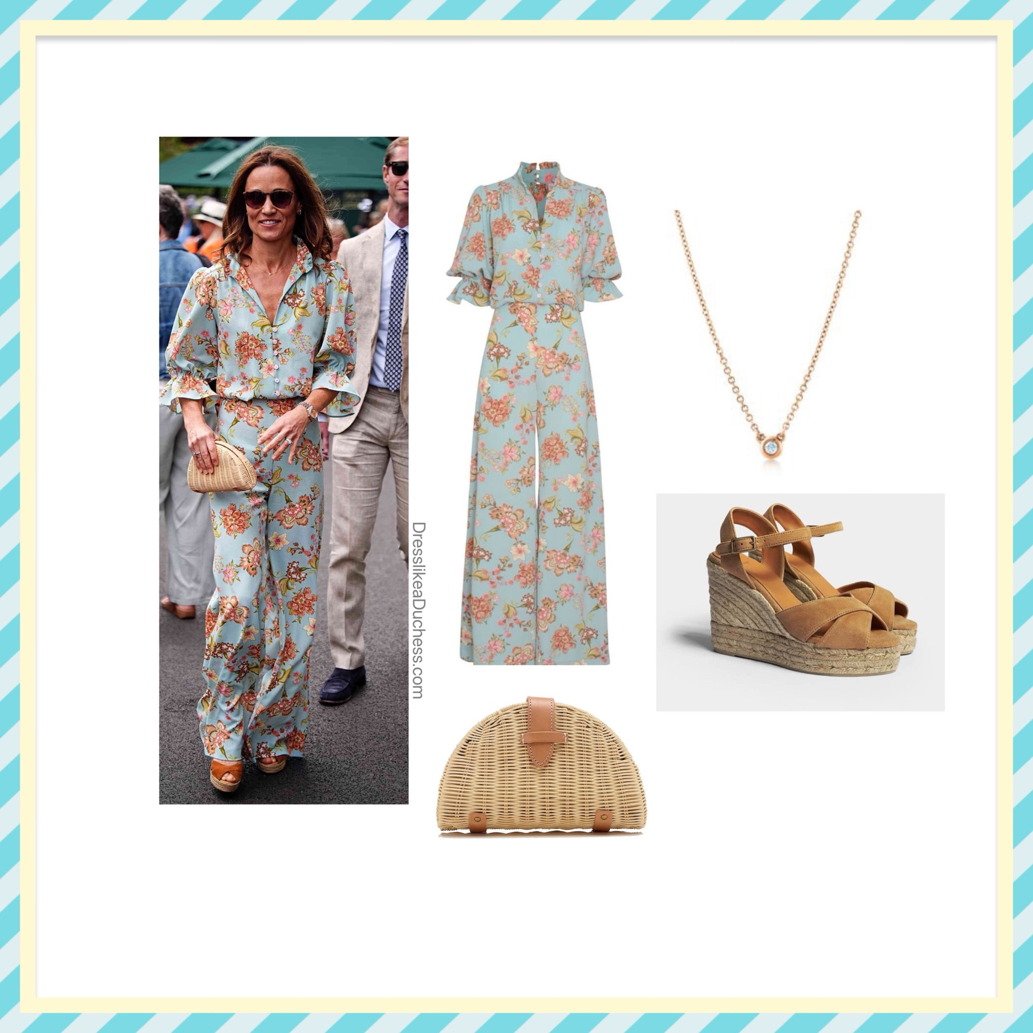 Pippa Middleton Claire Mischevani jumpsuit and Castaner blaudwell  wedges (ID Kate effected) 
