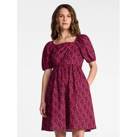 Time and Tru Women s and Women s Plus Tie Back Mini Dress with Puff Sleeves Sizes XS-4X | Walmart (US)