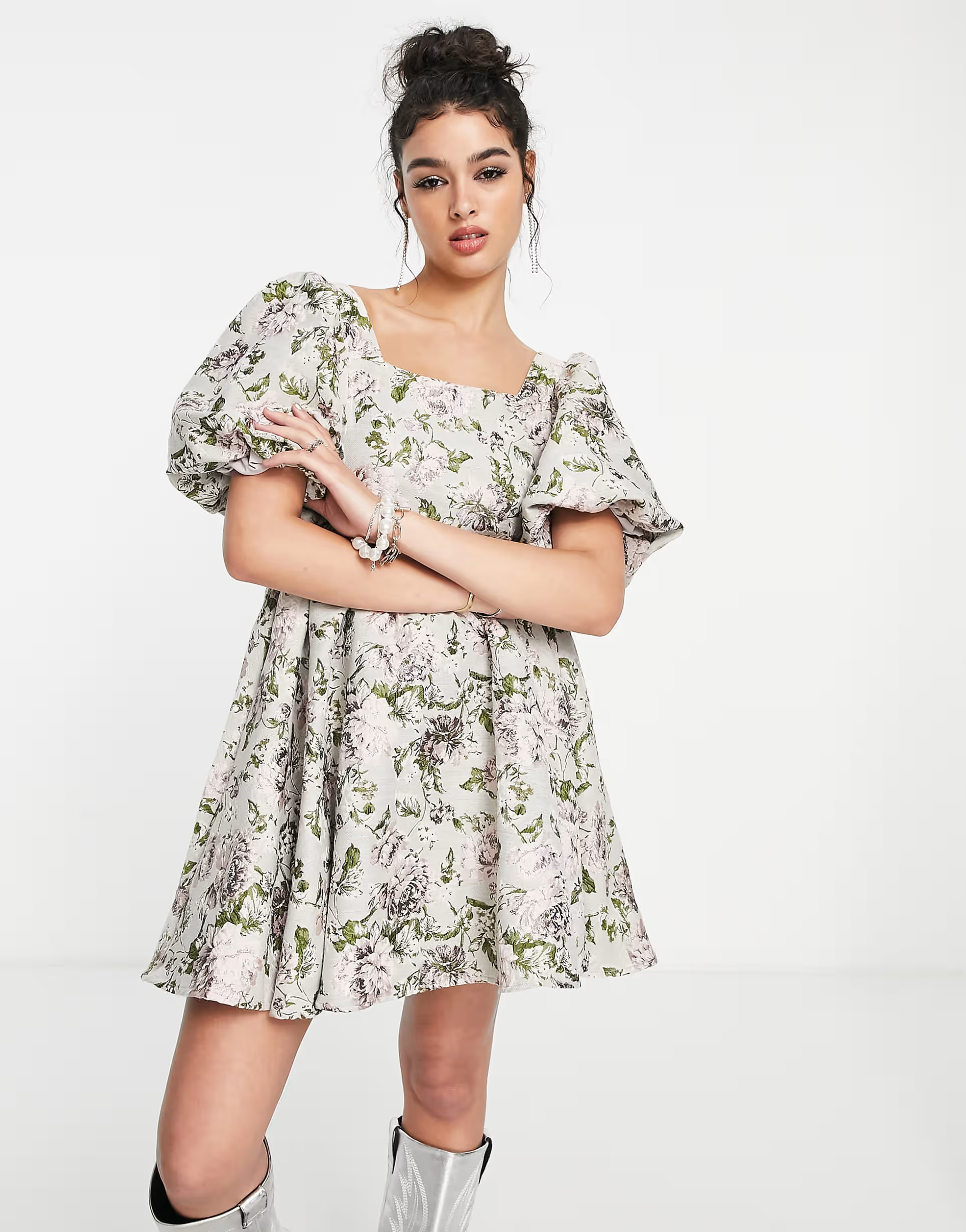 Sister Jane puff sleeve mini skater dress in tonal tapestry print | ASOS (Global)