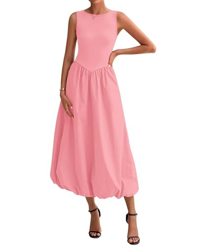 BTFBM Women's 2026 Summer Casual Sleeveless Midi Dress Patchwork Knit Tank Bubble Long Flowy Beach Maxi Sundress Pockets(Pink, Small) | Amazon (US)