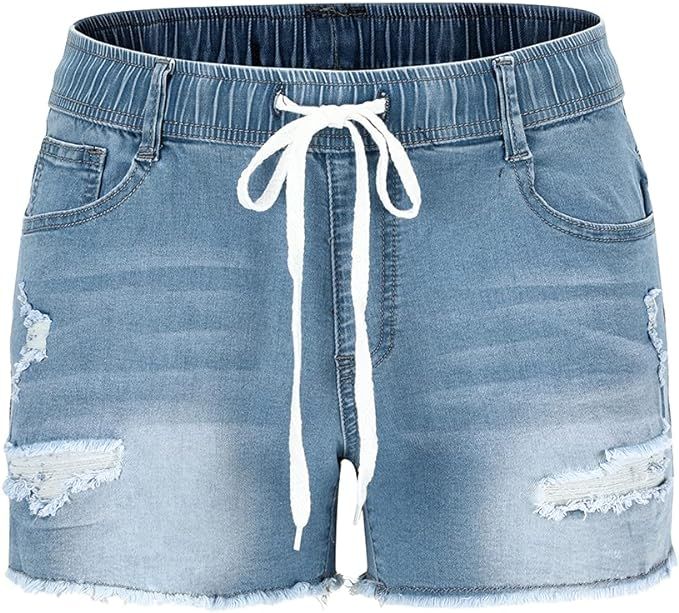THUNDER STAR Women Mid Rise Ripped Stretchy Jeans Shorts Frayed Raw Hem Casual Denim Shorts | Amazon (US)