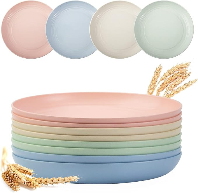 8 Pack Plastic Plates Reusable, OAMCEG 10 Inches Unbreakable Eco-Friendly Lightweight Wheat Straw... | Amazon (US)