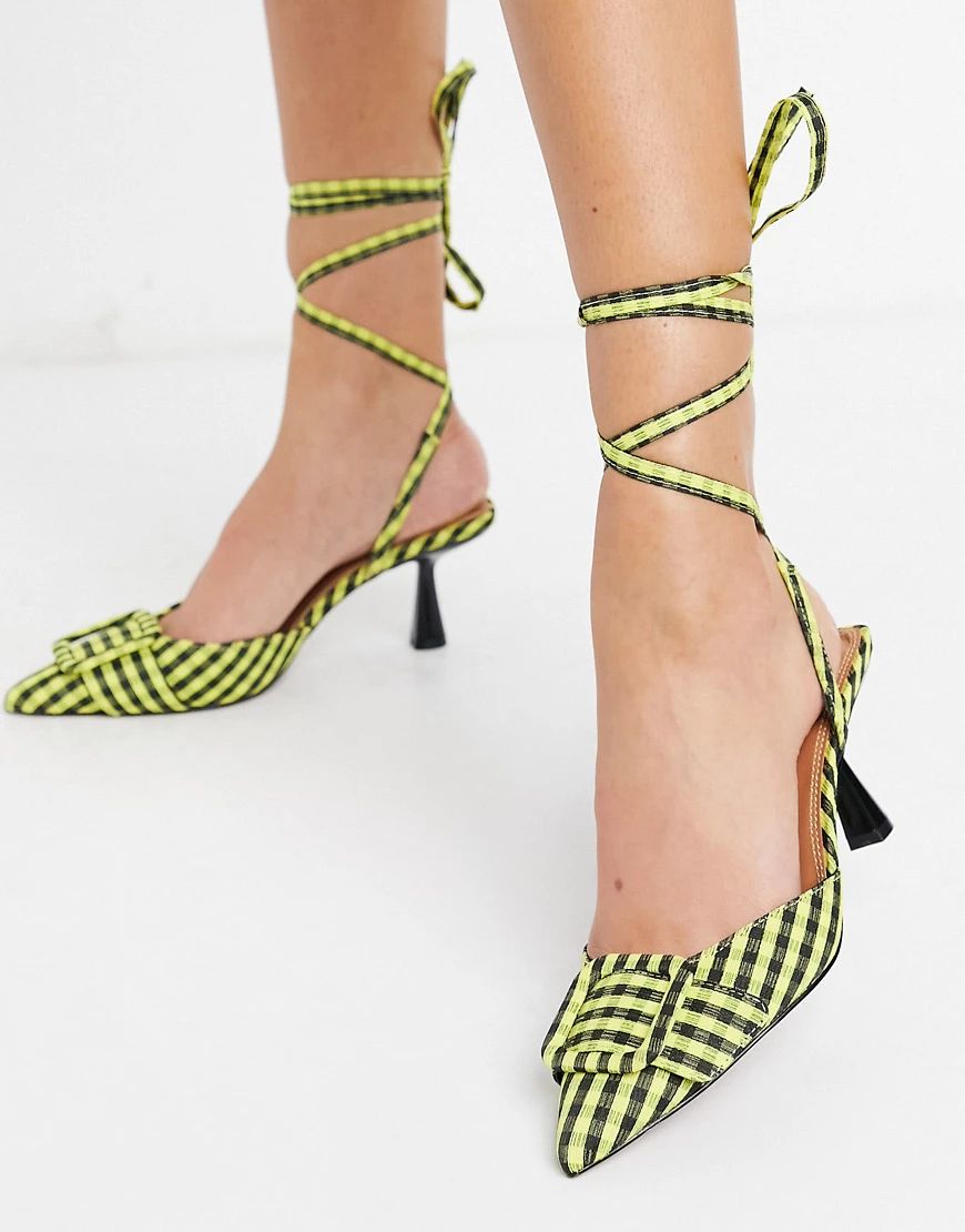 ASOS DESIGN Shelby buckle feature tie leg mid heels in yellow check-Multi | ASOS (Global)