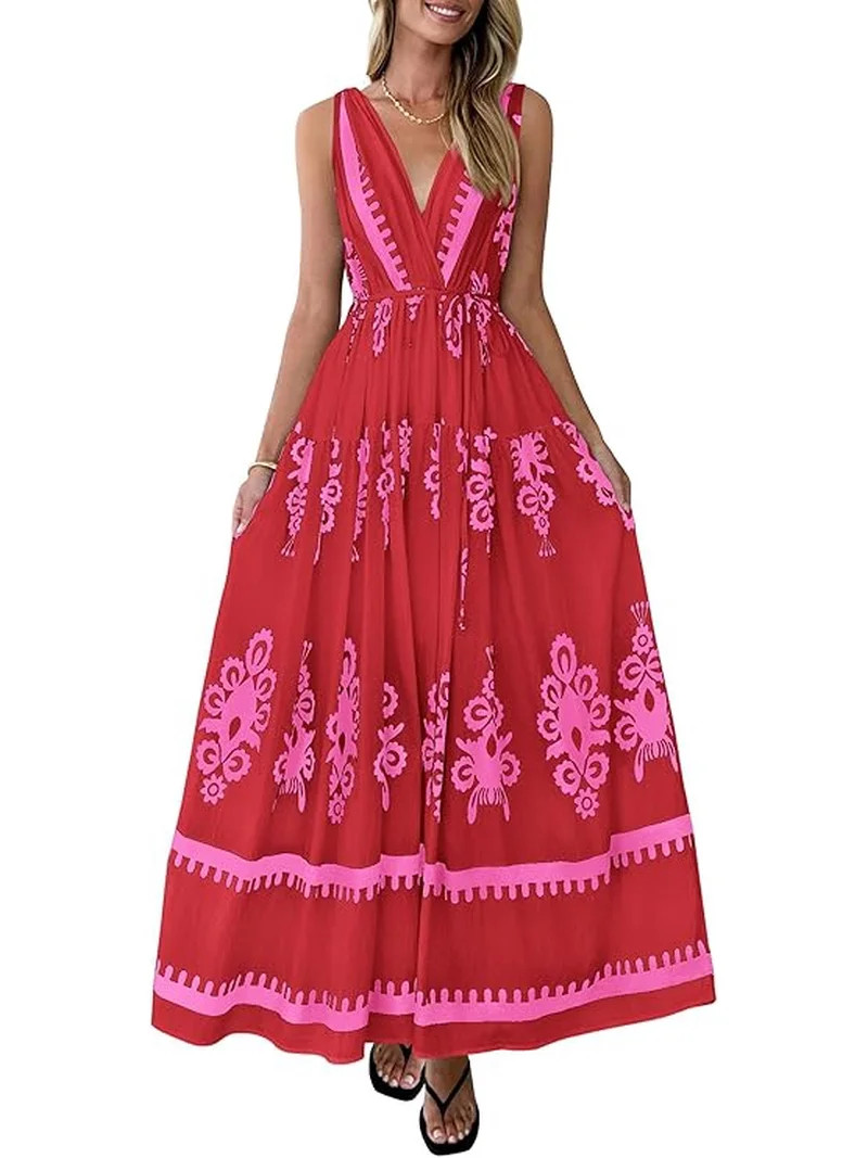 PRETTYGARDEN Womens Floral Maxi Dress Sleeveless Vneck Belt Ruffle Long Dresses Boho Summer Beach... | Walmart (US)