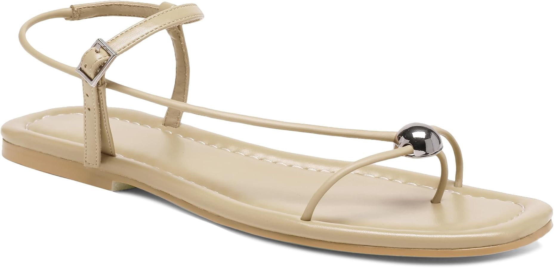 Black Flat Sandals for Women with Buckle Strappy Comfortable Silver Ball Square Open Toe Beach Th... | Amazon (US)