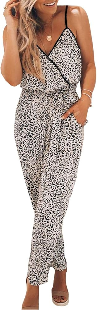 PRETTYGARDEN Women’s Sexy Wrap V Neck Leopard Print Spaghetti Strap Long Pants Jumpsuits Romper... | Amazon (US)