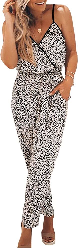 PRETTYGARDEN Women’s Sexy Wrap V Neck Leopard Print Spaghetti Strap Long Pants Jumpsuits Romper... | Amazon (US)