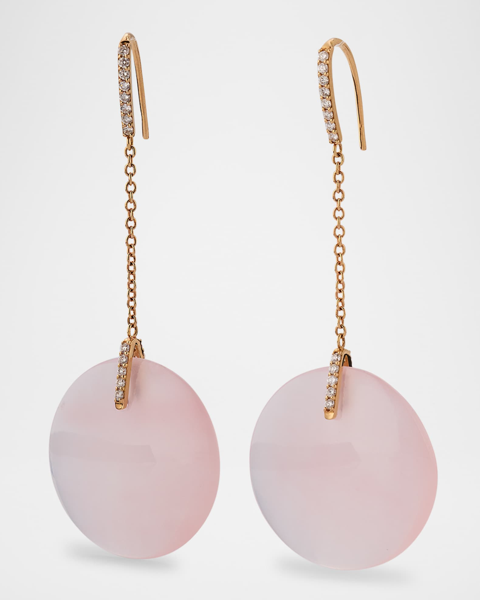NM Estate Estate 18K Rose Gold Diamond and Pink Quartz Flying Saucer Disc Drop Earrings | Neiman Marcus