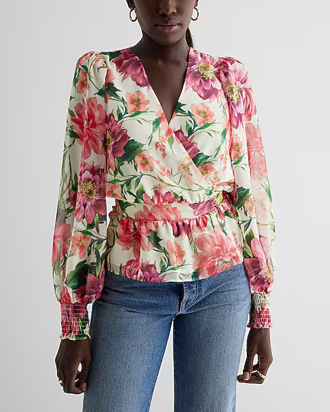 Floral V-Neck Smocked Cuff Peplum Top | Express