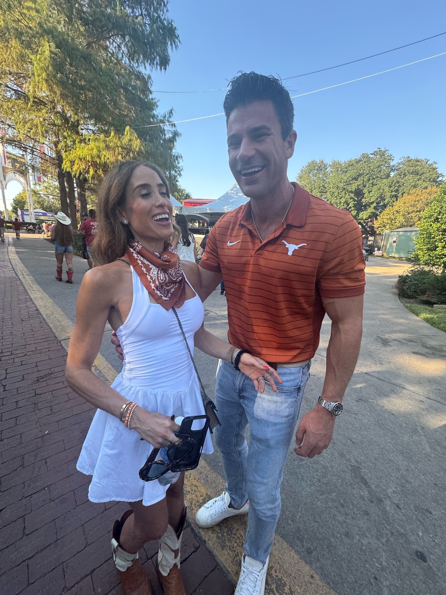 Our game day outfits my white dress and Amazon bandana