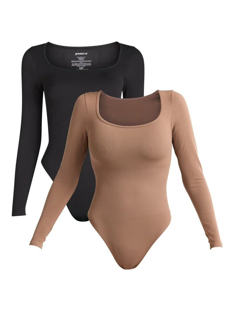 Joyspun Women's Seamless Slimming Square Neck Bodysuit with Long-Sleeves, 2-Pack, Sizes S-3XL | Walmart (US)