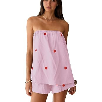 MSBESYOR Women Polka Dot Two Piece Shorts Set Strapless Tube Top Lounge Sets Summer Vacation Reso... | Amazon (US)
