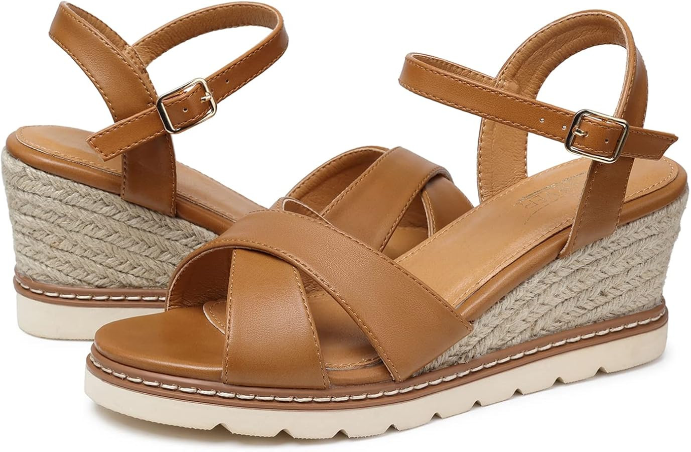 SHIBEVER Women's Wedge Sandals Espadrille Wedge Platform Ankle Strap Open Toe Sandals Brown 7 | Amazon (US)