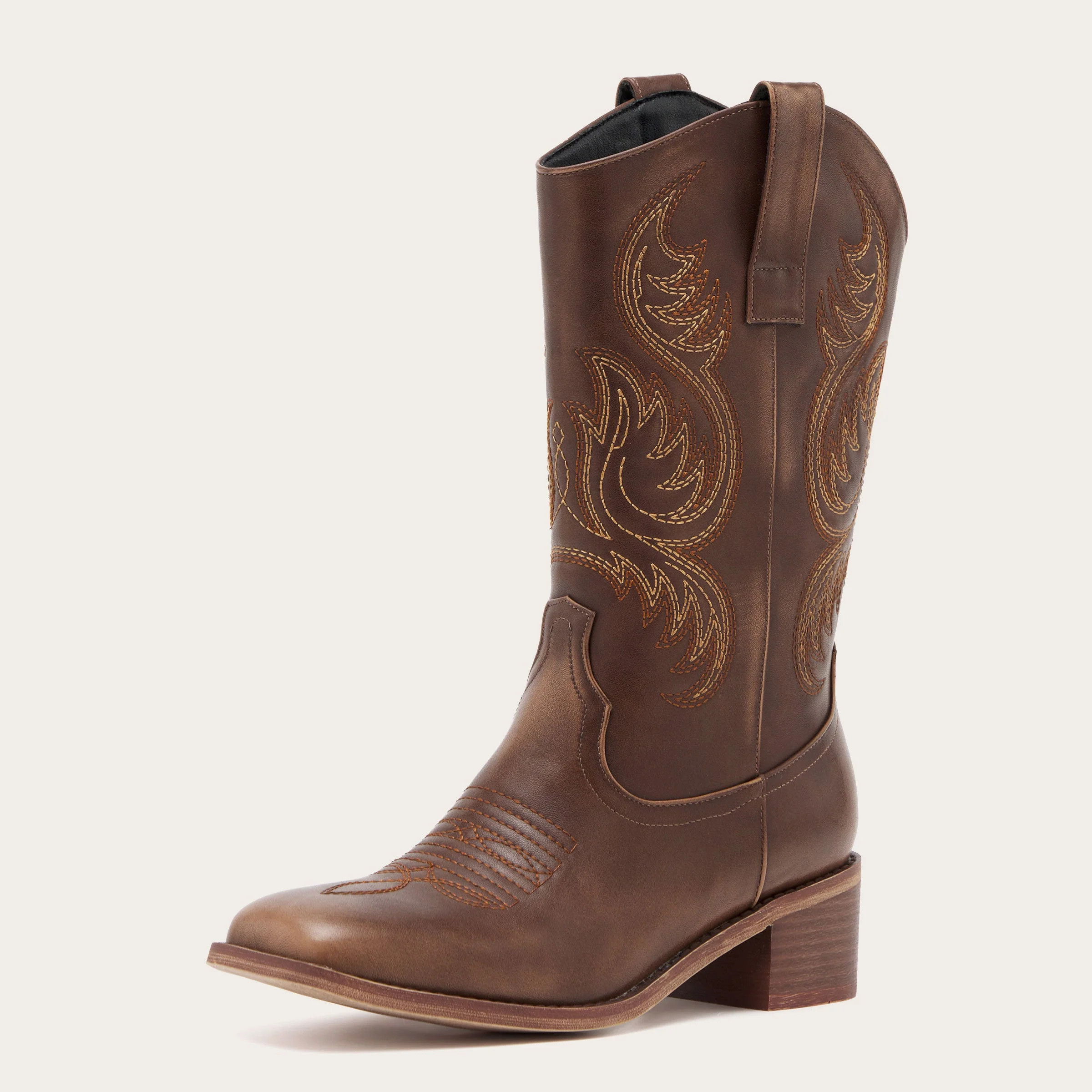 The Bronco - Brown Square Toe Embroidered Mid-calf Cowgirl Boots - Brown / US 9.5 | REDTOP
