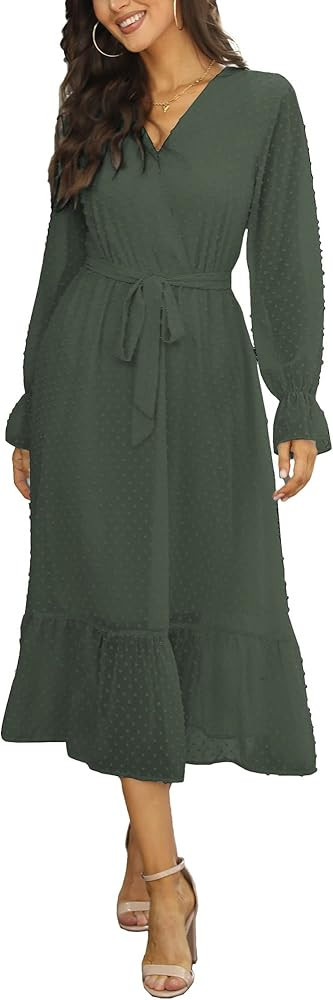 BTFBM Women's Casual Party Summer Fall Dresses 2023 Long Sleeve Wrap V Neck Swiss Dot Swing A-Lin... | Amazon (US)