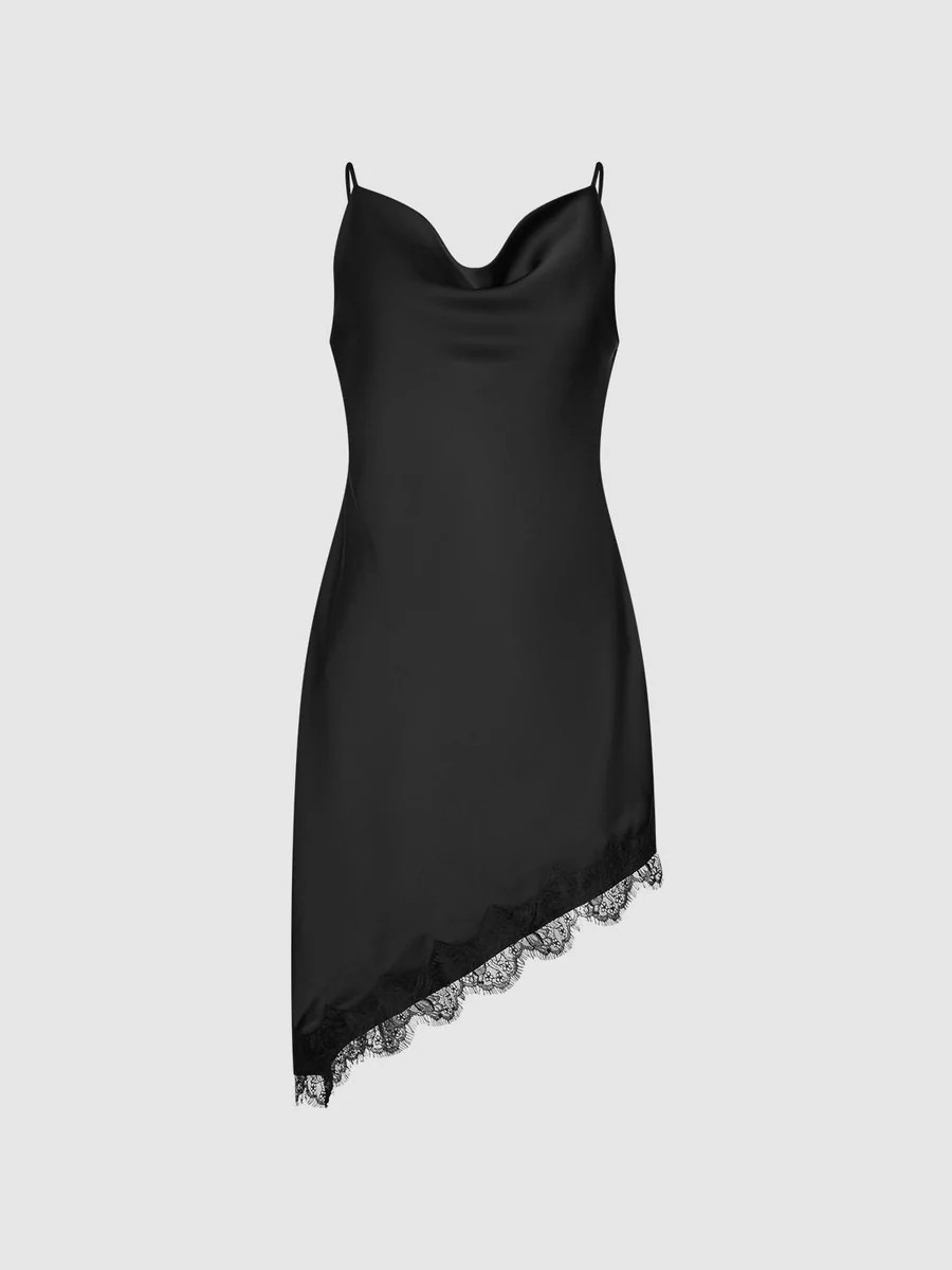 Asymmetric Lace Trim Strappy Straight Midi Dresses | Urban Revivo