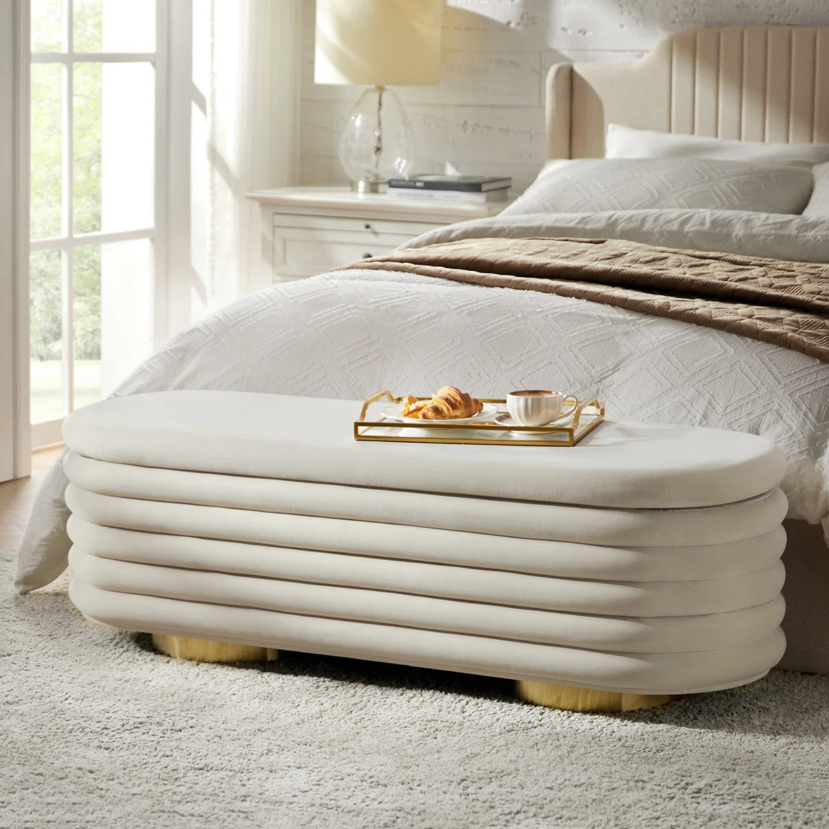 Nettie 54" Modern Velvet Boucle Upholstered Tufted Storage Bench with Gold-finished Met... | Wayfair North America