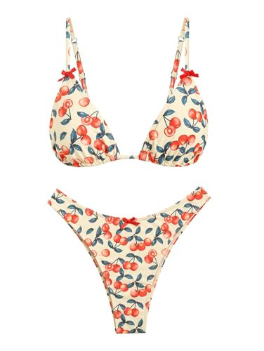 seamoly Womens Bikini Sets Cherry Printing Two Piece Swimsuits Spaghetti Strap Sexy High Leg Triangle Bathing Suit Cherry L | Amazon (US)